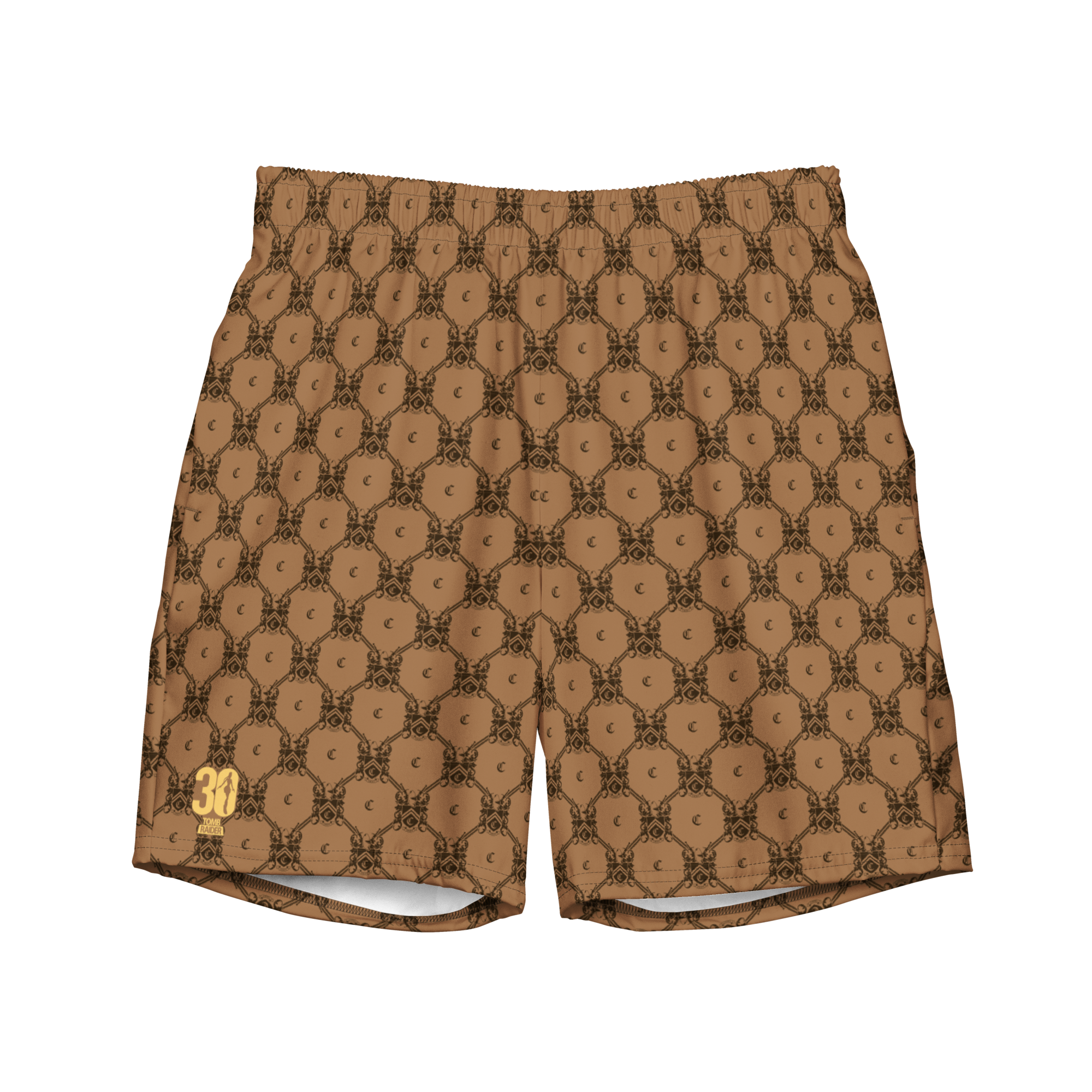 Tomb Raider 30th Anniversary Lara Croft Family Crest Swim Trunks - Brown/Black