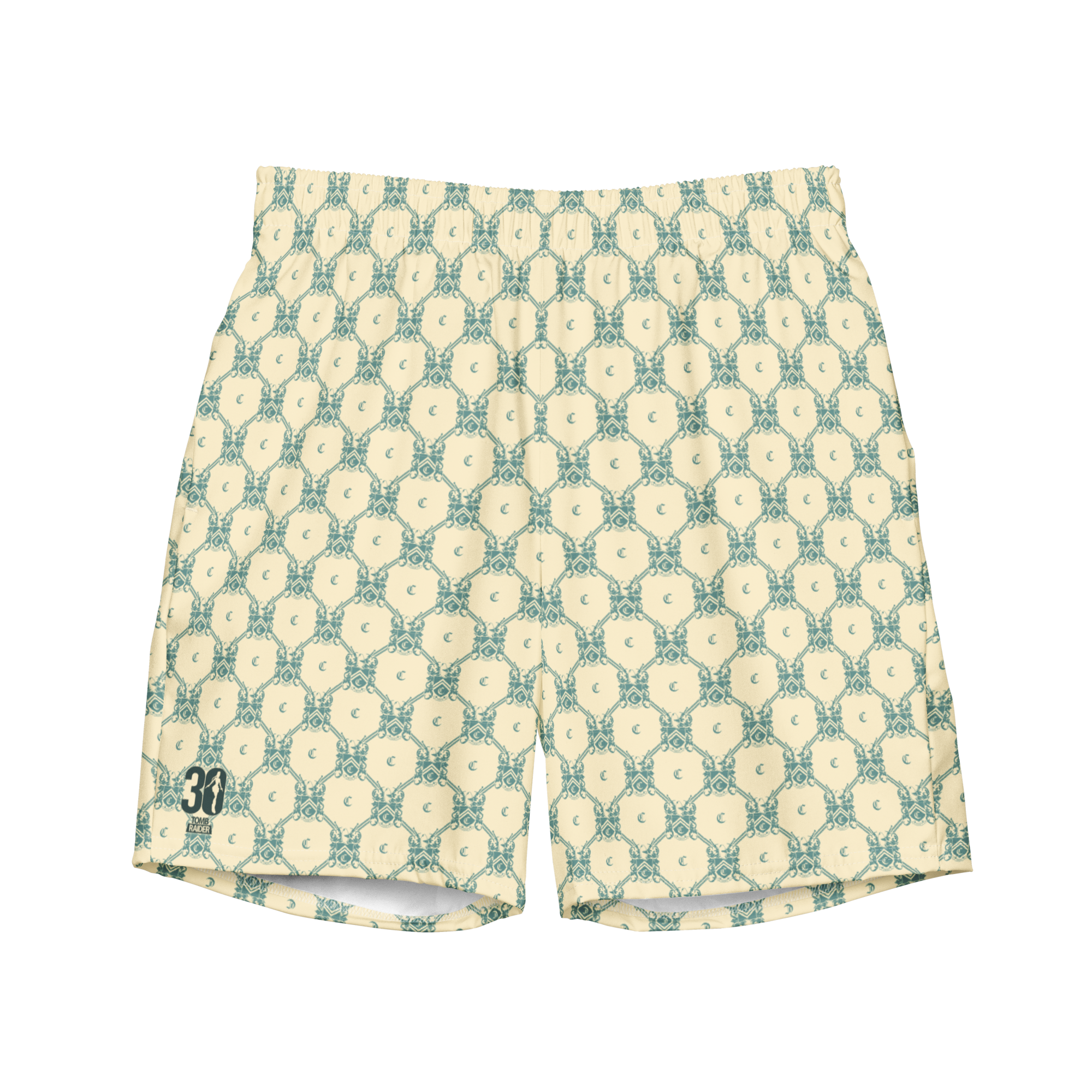 Tomb Raider 30th Anniversary Lara Croft Family Crest Swim Trunks - Blue/cream