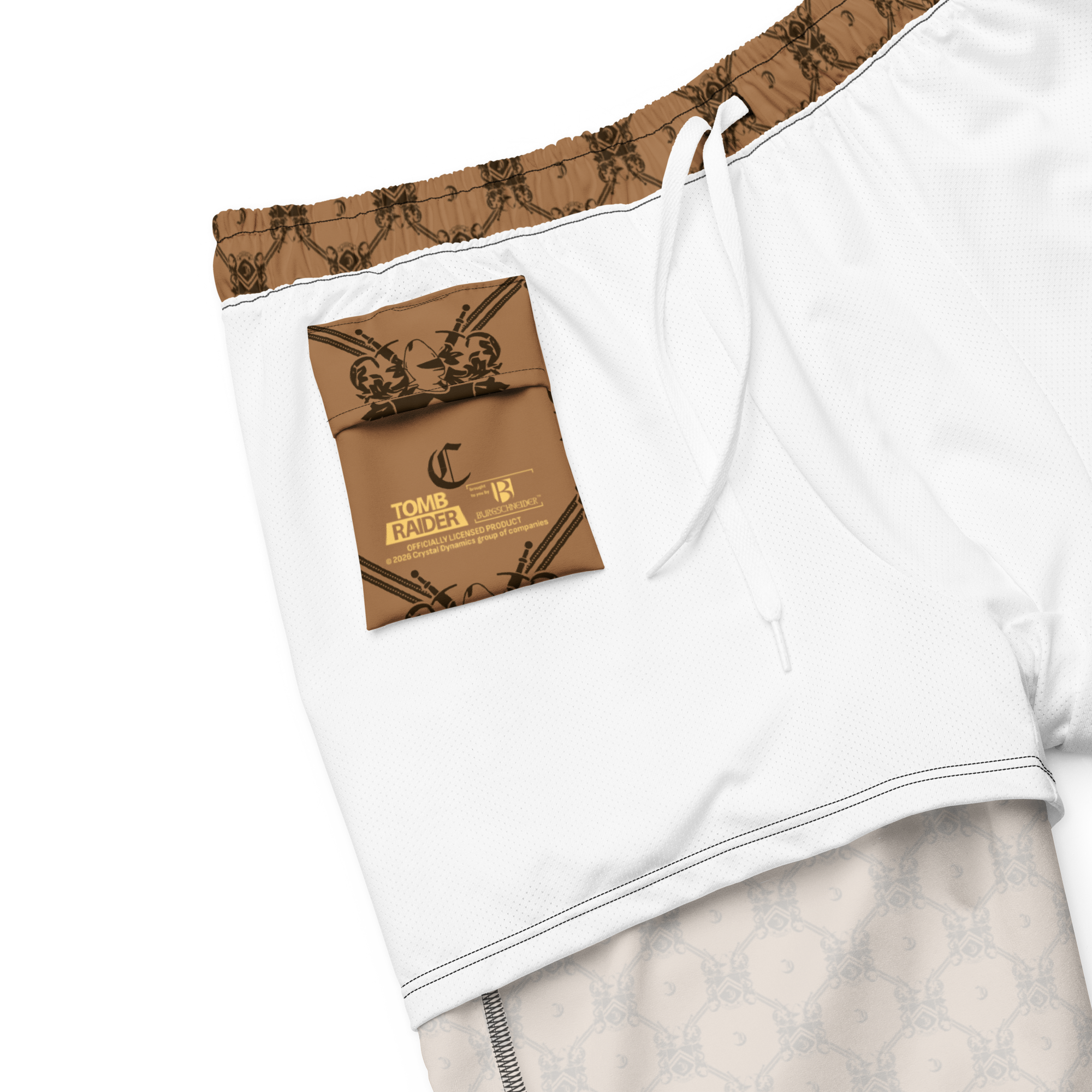 Tomb Raider 30th Anniversary Lara Croft Family Crest Swim Trunks - Brown/Black