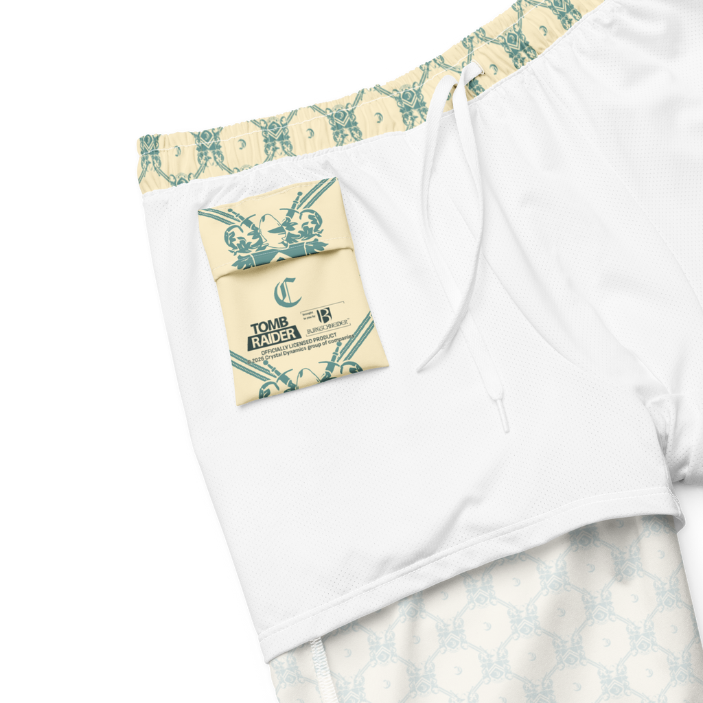 Tomb Raider 30th Anniversary Lara Croft Family Crest Swim Trunks - Blue/cream