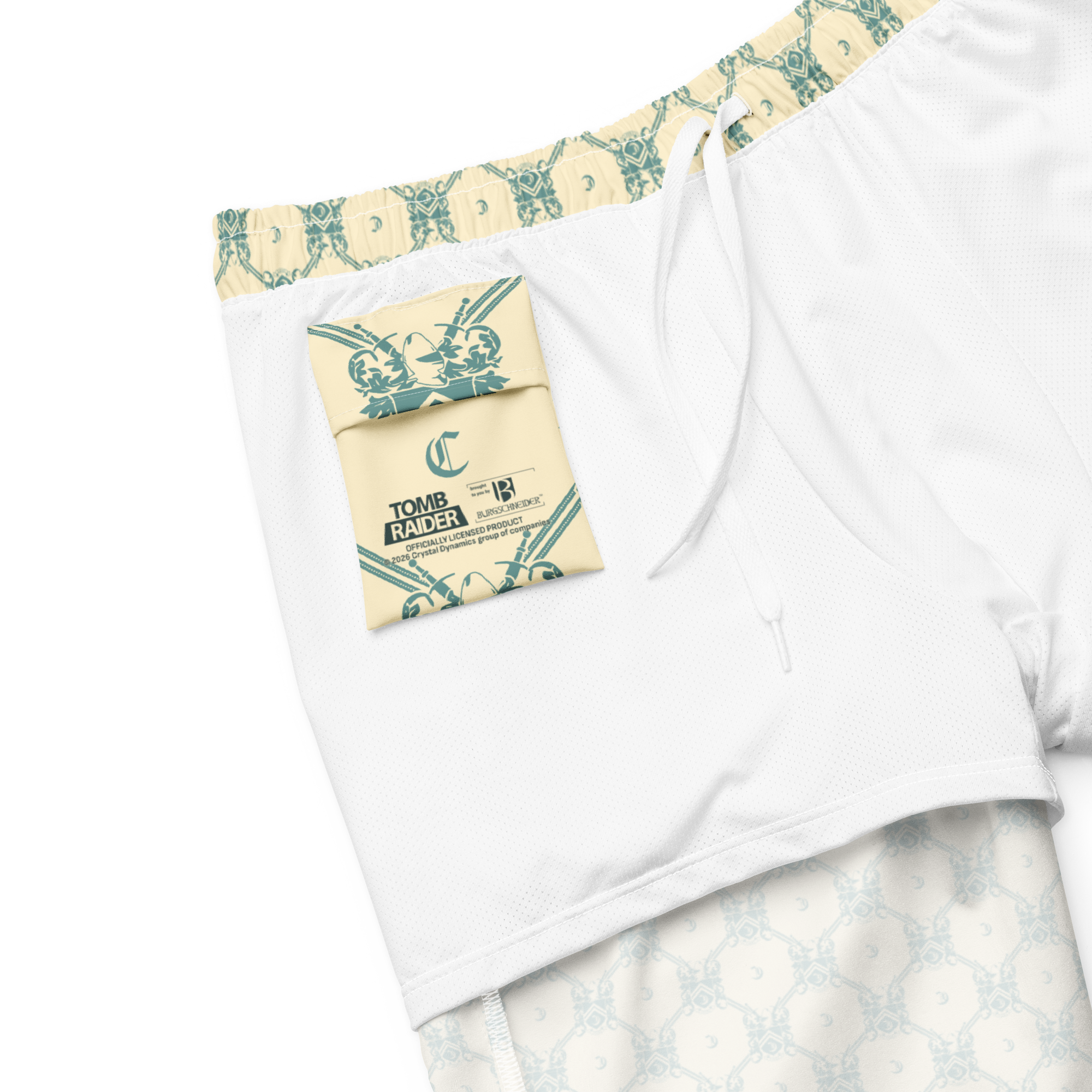 Tomb Raider 30th Anniversary Lara Croft Family Crest Swim Trunks - Blue/cream